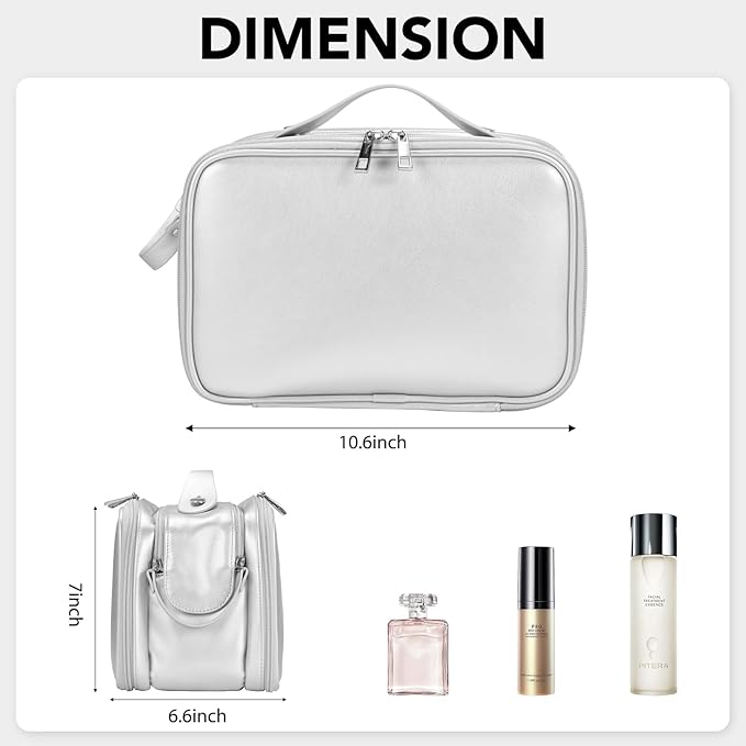 HauteHues Travel Makeup Bag Women's Large Capacity Cosmetic Portable Organizer Large Opening Waterproof Storage Toiletry Bags Vertical Free-Standing Brush Holder for Easy Access Silver