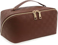 JINYIBAGS Travel Makeup Bag – Large Cosmetic Organizer with Waterproof PU Leather, Smooth Double Zipper & Tear-Resistant Lining, Toiletry Pouch for Women (Brown)