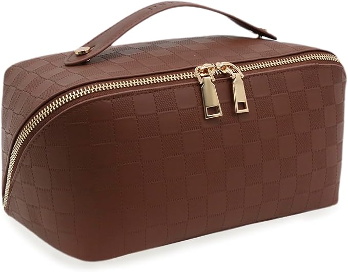 JINYIBAGS Travel Makeup Bag – Large Cosmetic Organizer with Waterproof PU Leather, Smooth Double Zipper & Tear-Resistant Lining, Toiletry Pouch for Women (Brown)