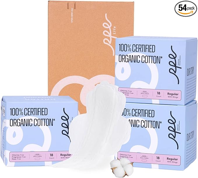 RPE Life 100% GOTS Organic Cotton Menstrual Pads with Wings, 54 Count
