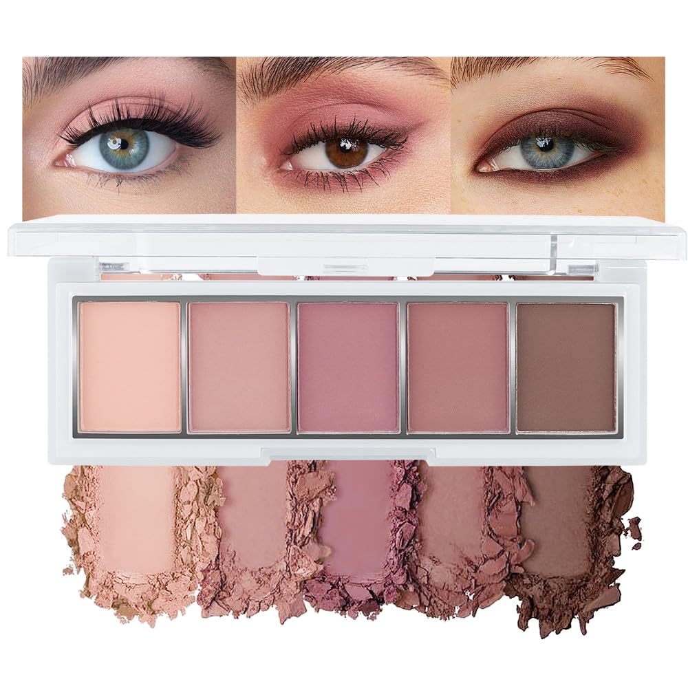 JUAAZIN 5 Colors Matte Eyeshadow Makeup Palette, 5 Natural Neutral Nude Brown Faded Rose Colors Eyeshadow, Looks for Brown Eyes Women Finish Long Wearing Waterproof Professional Eye Makeup 04#