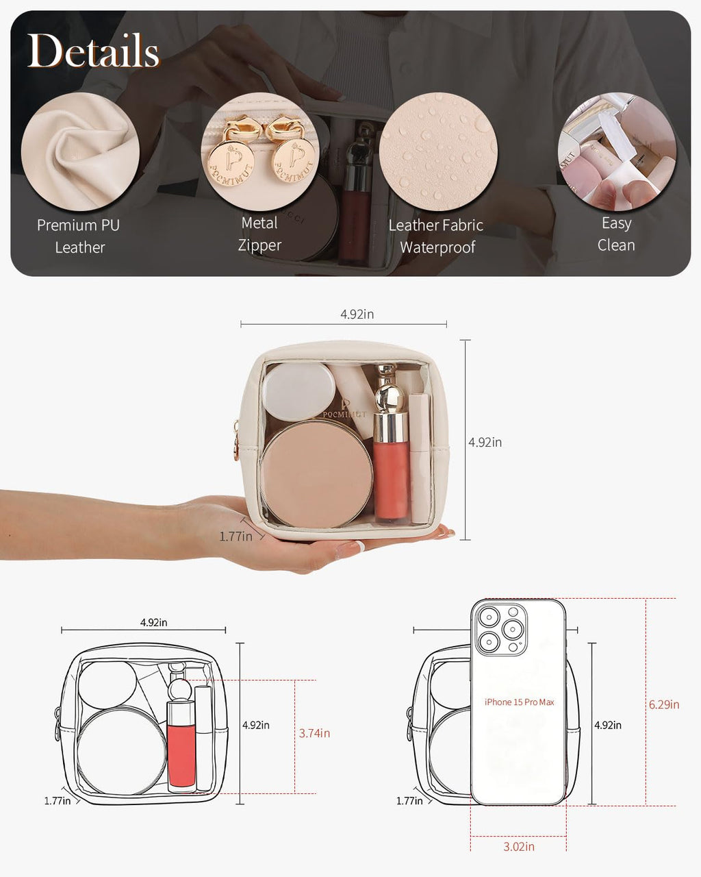 Pocmimut Mini Makeup Bag with Small Cosmetic Bag Travel Essentials Organizers,TSA Approved Toiletry Bag Makeup Pouch Clear Cosmetic Bags for Women,Beige