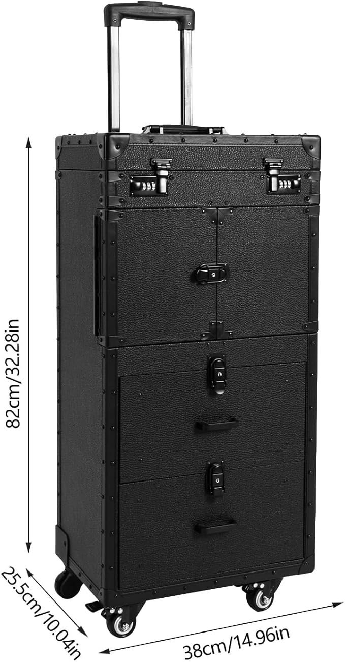 REHOUPTU Large Capacity Cosmetic Train Case, Lockable Makeup Train Case with 4 Universal Casters, 32.28 Inch Tall Travel Organizer Tool Box for Barber Stores Beauty Stores Nail Salons