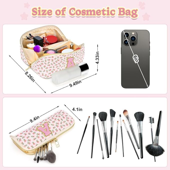 Personalized Travel Makeup Bag Set,Initial Travel Cute Floral Makeup Organizer Bag,Toiletry Skincare Cosmetic Bag,Christmas Gifts for Women/Girls,Open Flat Toiletry Pouch with Brush Pocket-R