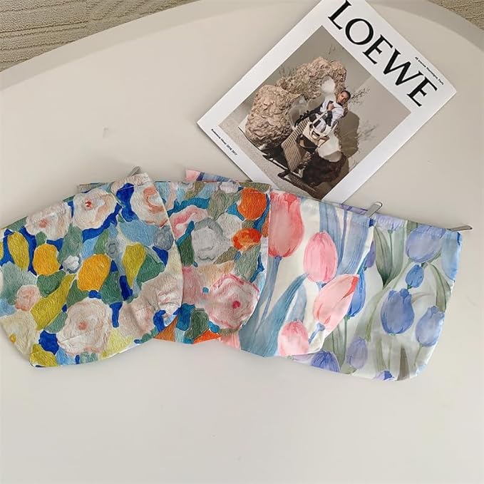 Flat Makeup Bag for Women,Zipper Cosmetic Pouch for Purse,Tulips Pink