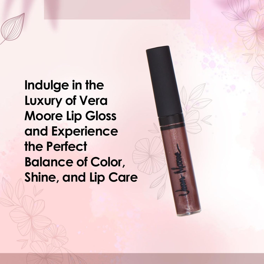 VERA MOORE COSMETICS AND SKIN CARE Lip Gloss, Moisturizing Lip Color with Shimmer for Long Lasting Shine, Lightweight Lip Stain, Girls Non-Sticky Lip Gloss with Aloe Vera, W/Vitamin C, E (Chocolate)
