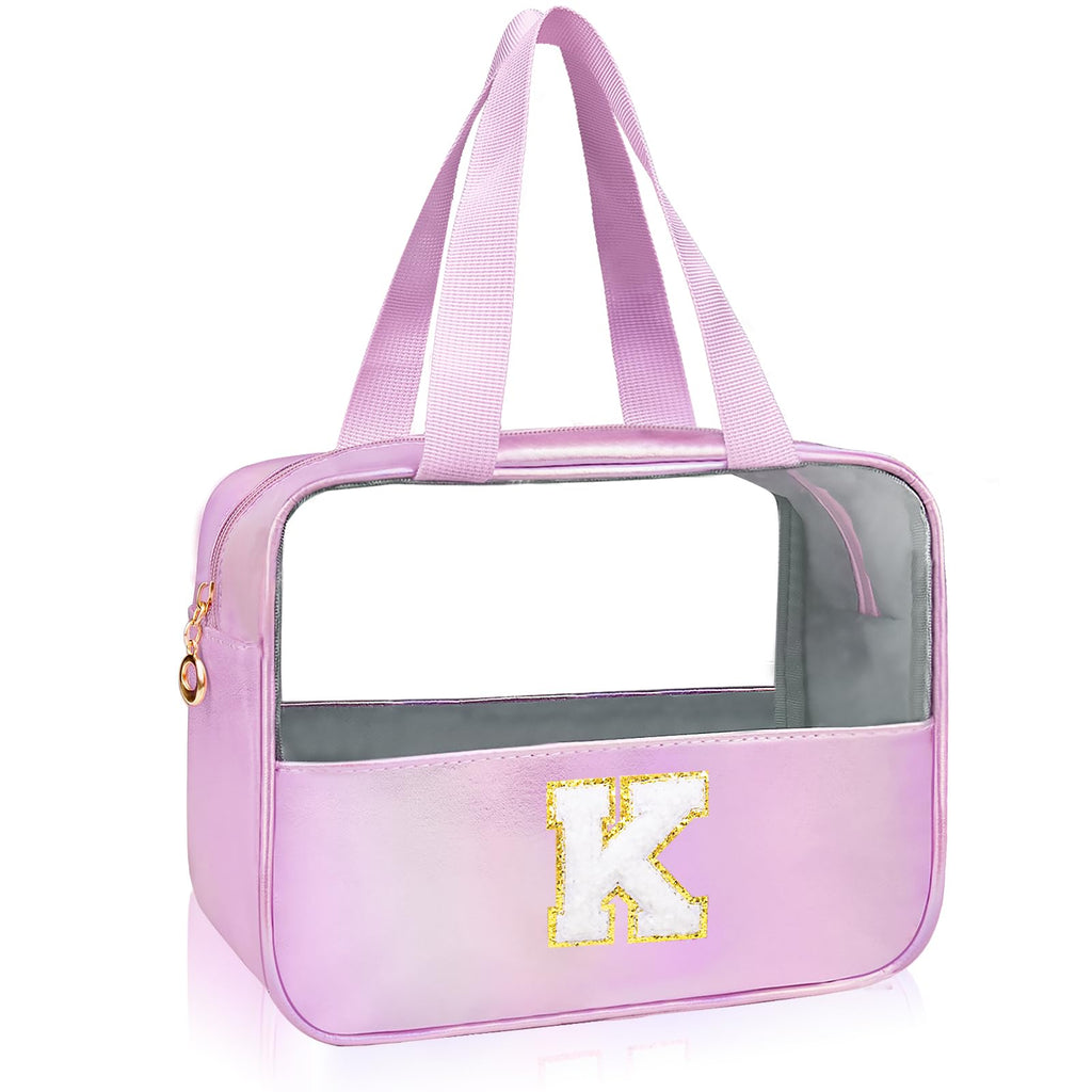 Junesters Personalized Initial K Clear Purple Makeup Bag - Large Travel Toiletry Bag, Cute Cosmetic Organizer Set for Girlfriend, Teacher, Teen Girl Gifts