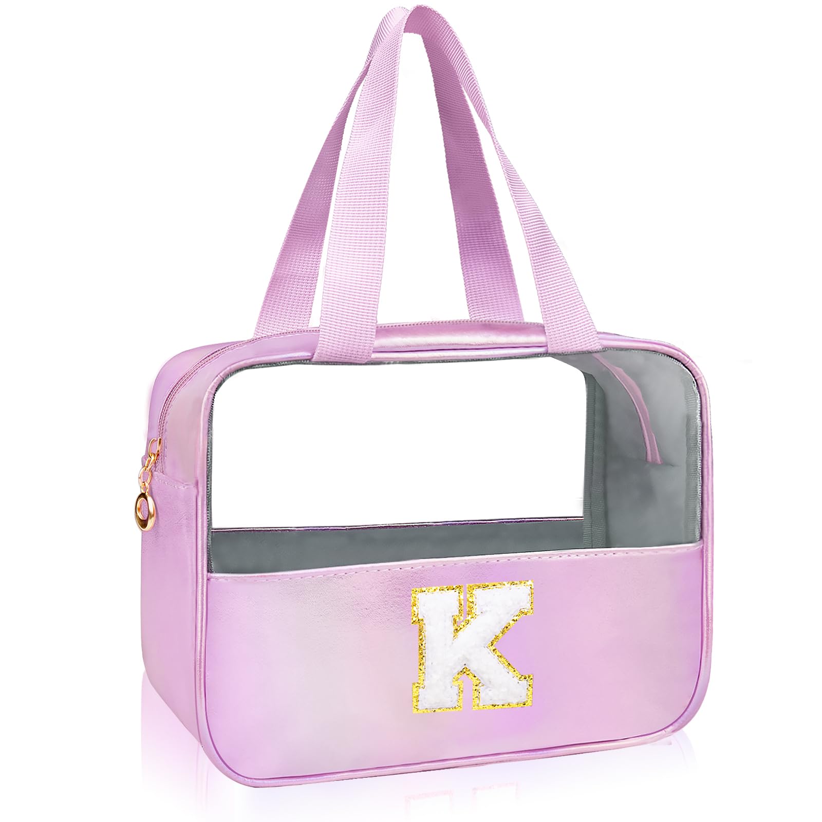 Junesters Personalized Initial K Clear Purple Makeup Bag - Large Travel Toiletry Bag, Cute Cosmetic Organizer Set for Girlfriend, Teacher, Teen Girl Gifts