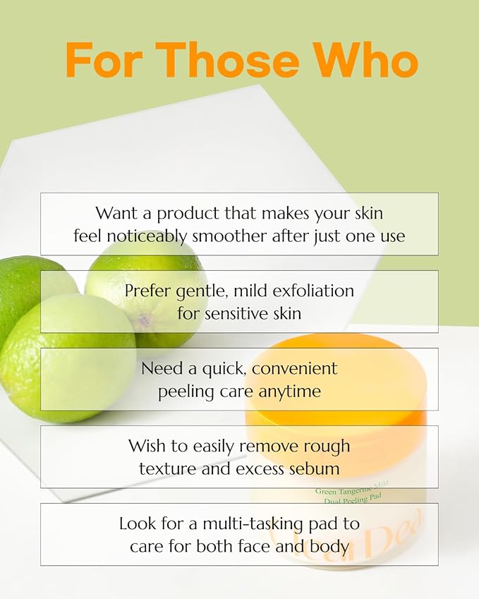 ClearDea Green Tangerine Dual Peeling Pad – Korean Exfoliating Toner Pads with 4HA Complex, Jeju Citrus Vinegar, Oil Control, Dual-Sided Texture, Hydrating & Smoothing, 50 Pads