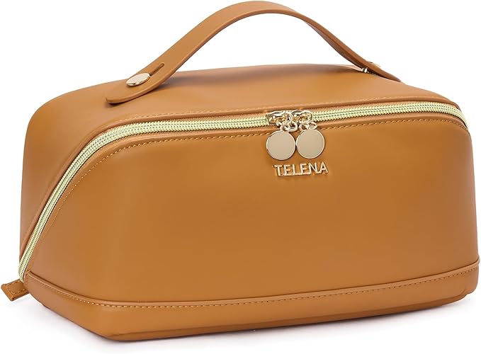 Telena Leather Make Up Bag Portable Travel Makeup Bag Waterproof Cosmetic Bags for Women Large Capacity With Handle and Divider Open Lay Flat