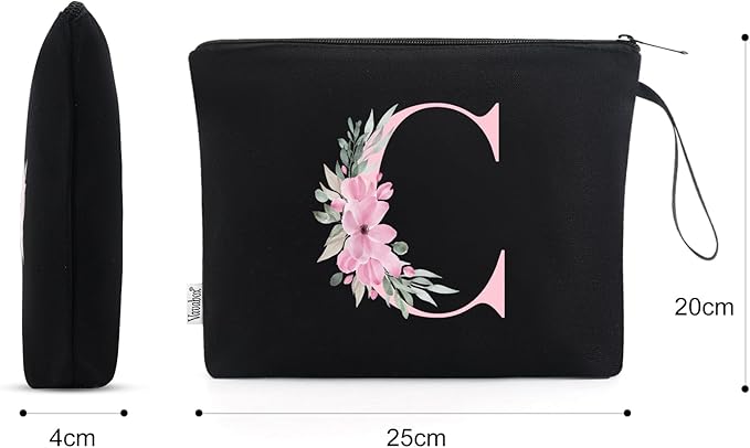 Vavabox A-Z Personalized Makeup Bag, Birthday Gifts for Women Mom, Gifts for Best Friend, Bride Bridesmaid Cosmetic bag (C, 02-Black)