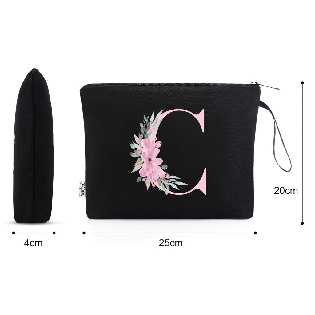 Vavabox A-Z Personalized Makeup Bag, Birthday Gifts for Women Mom, Gifts for Best Friend, Bride Bridesmaid Cosmetic bag (C, 02-Black)