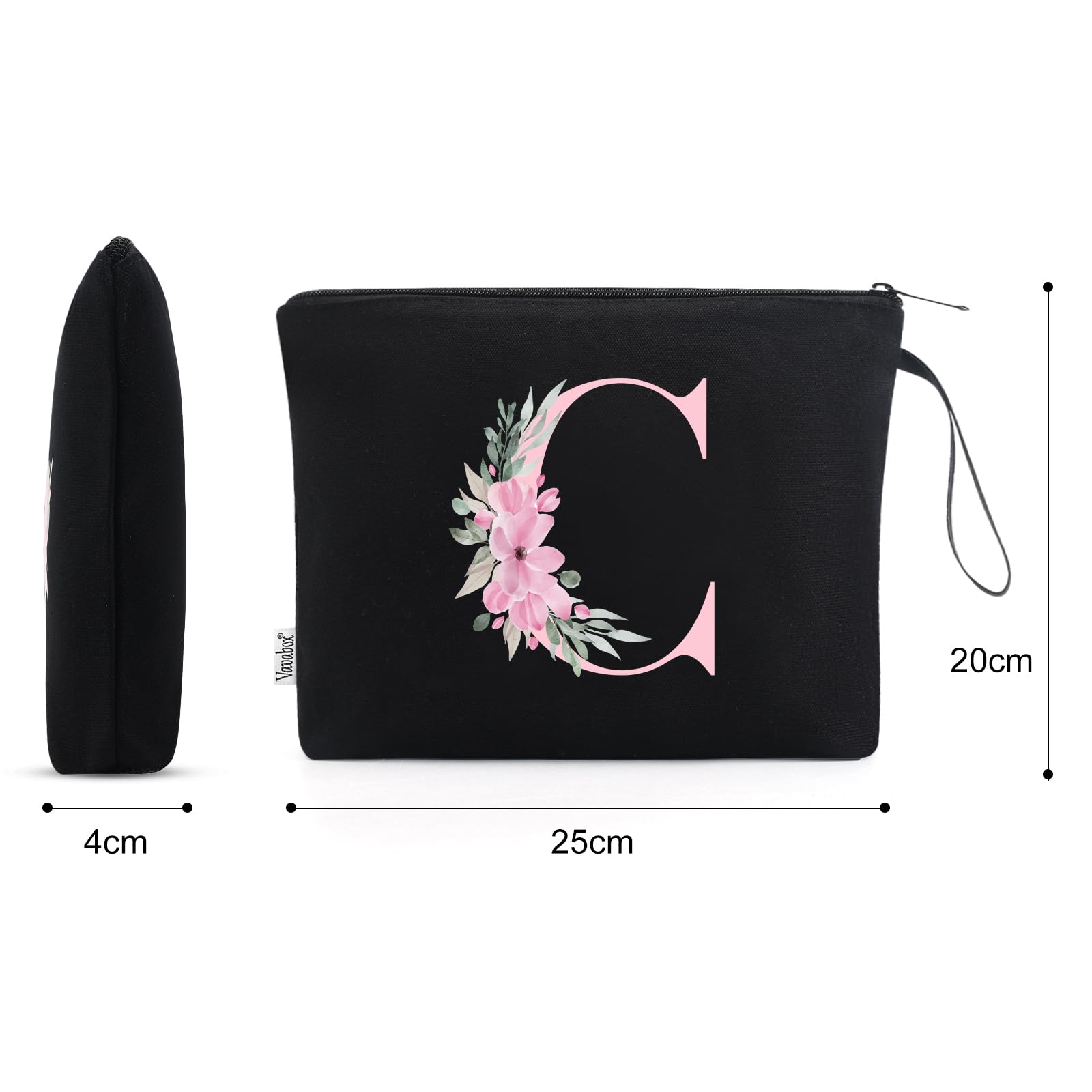 Vavabox A-Z Personalized Makeup Bag, Birthday Gifts for Women Mom, Gifts for Best Friend, Bride Bridesmaid Cosmetic bag (C, 02-Black)