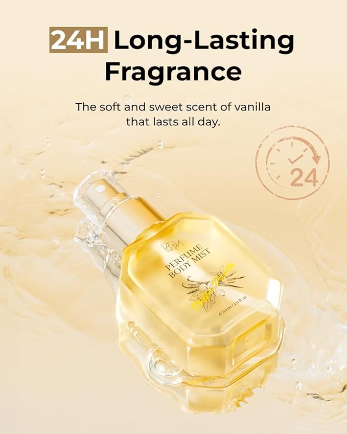 BOM Chiffon Vanilla Body Mist 3.71 Fl Oz, Vanilla Scented Fine Mist with Hyaluronic Acid, Niacinamide & Vitamin C, Hydrating, Lightweight, Korean Skincare