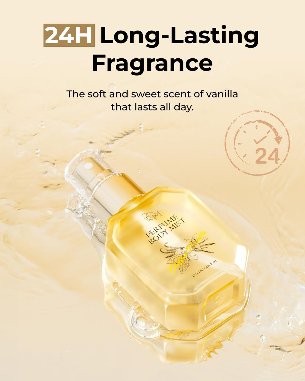 BOM Chiffon Vanilla Body Mist 3.71 Fl Oz, Vanilla Scented Fine Mist with Hyaluronic Acid, Niacinamide & Vitamin C, Hydrating, Lightweight, Korean Skincare