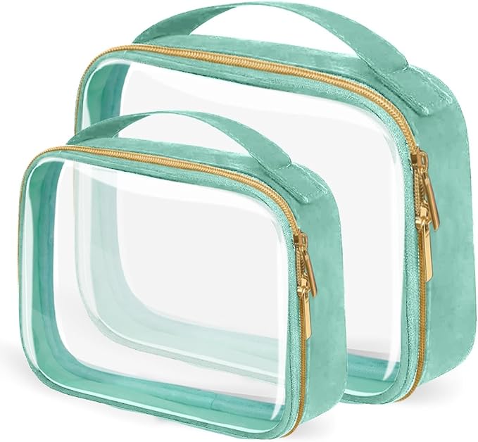 FAYORORY TSA Approved Travel Toiletry Bag,2 Pack Clear Makeup Bags with Handles,Quart Size Clear Cosmetic Bags for Traveling Women,Men,Carry on Airport Airline Compliant Bag,Green