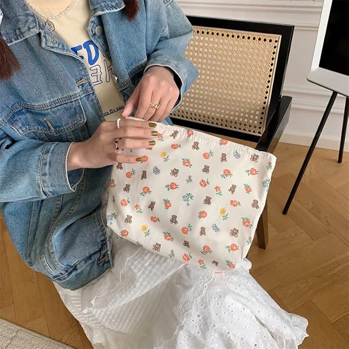 Flat Makeup Bag for Women,Zipper Cosmetic Pouch for Purse,Flower Bear White