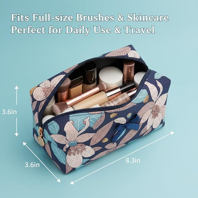 OIMEI Floral Quilted Cotton Makeup Bag for Women, Large Capacity Travel Cosmetic Pouch with Zipper, Cute Toiletry & Brush Organizer, Kawaii Makeup Storage Case – Navy Big Floral