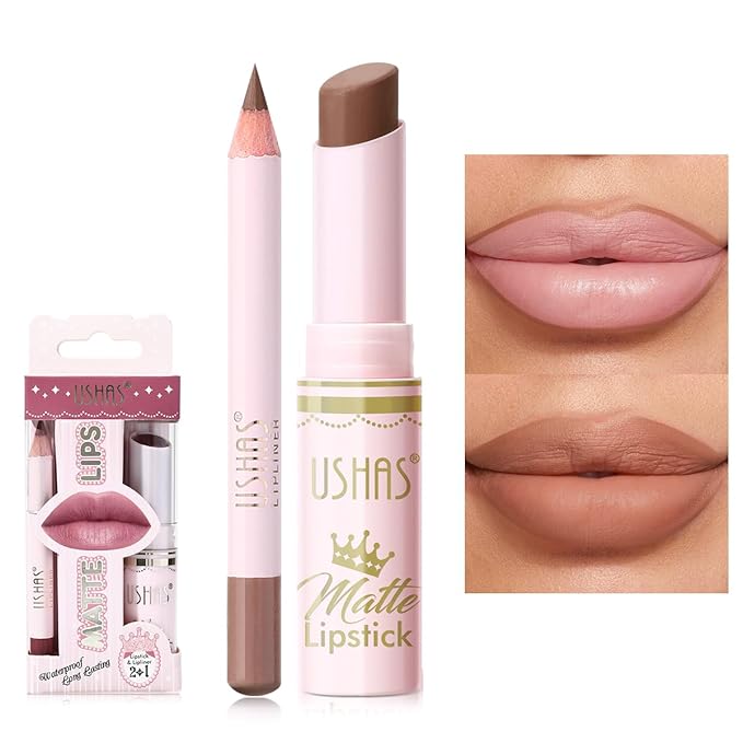 USHAS Lipstick and Lip Liner Combo Set 2 in 1 Waterproof Lipstick for Women Lip liner Set Long Lasting Lipstick, Matte Lipstick Pen with Lip Liner Set Makeup Kits (S15, Pack of 1)