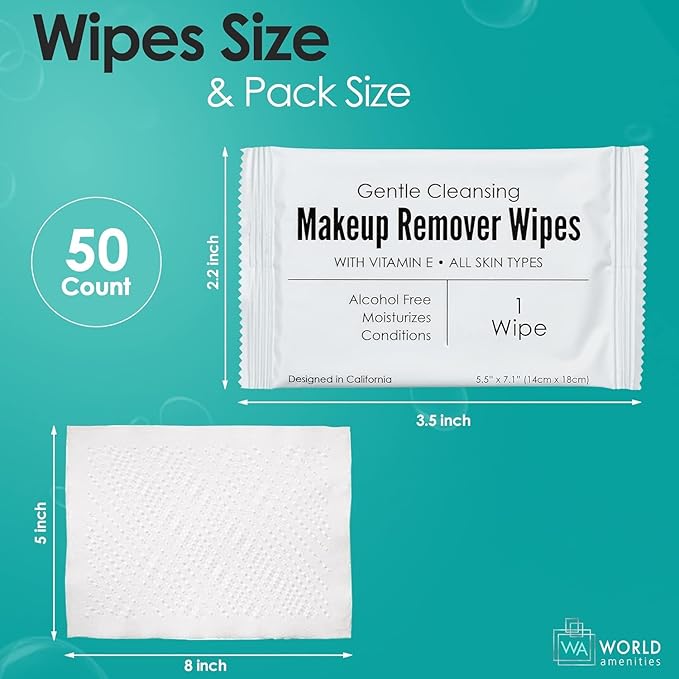 World Amenities Individual Makeup Remover Wipes, 50 Individually Wrapped