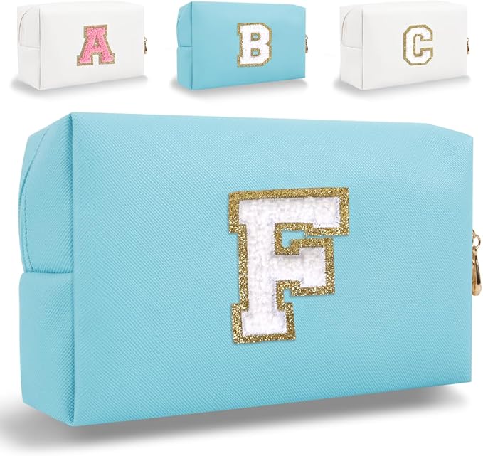 HENGNI Small Personalized Letter Makeup Bag, Cute PU Leather Chenille Letters Cosmetic Bag Travel Makeup Pouch, Preppy Travel Organizer Zipper Pouch for Women&Girls（Blue-F）