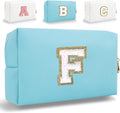HENGNI Small Personalized Letter Makeup Bag, Cute PU Leather Chenille Letters Cosmetic Bag Travel Makeup Pouch, Preppy Travel Organizer Zipper Pouch for Women&Girls（Blue-F）