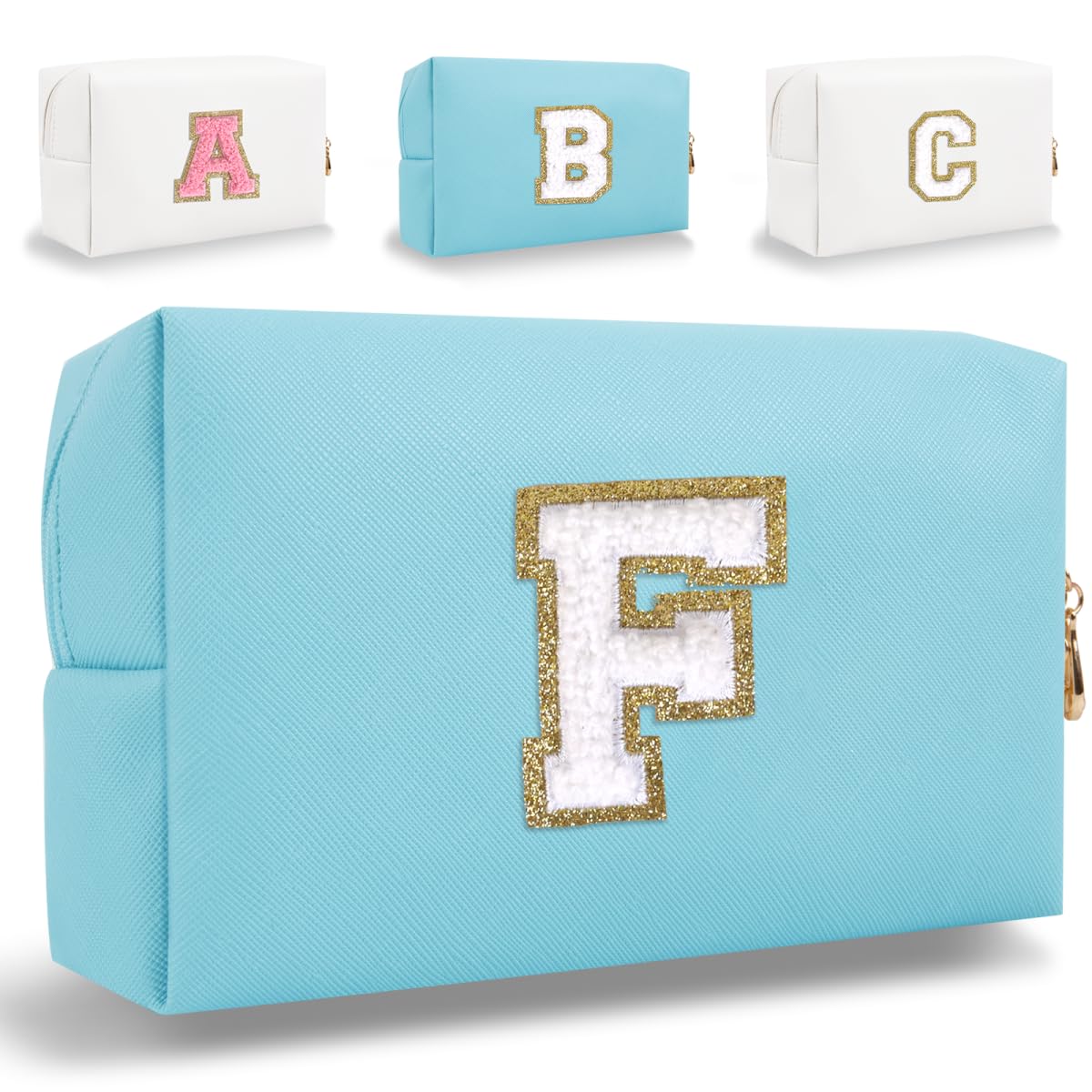 HENGNI Small Personalized Letter Makeup Bag, Cute PU Leather Chenille Letters Cosmetic Bag Travel Makeup Pouch, Preppy Travel Organizer Zipper Pouch for Women&Girls（Blue-F）