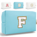 HENGNI Small Personalized Letter Makeup Bag, Cute PU Leather Chenille Letters Cosmetic Bag Travel Makeup Pouch, Preppy Travel Organizer Zipper Pouch for Women&Girls（Blue-F）