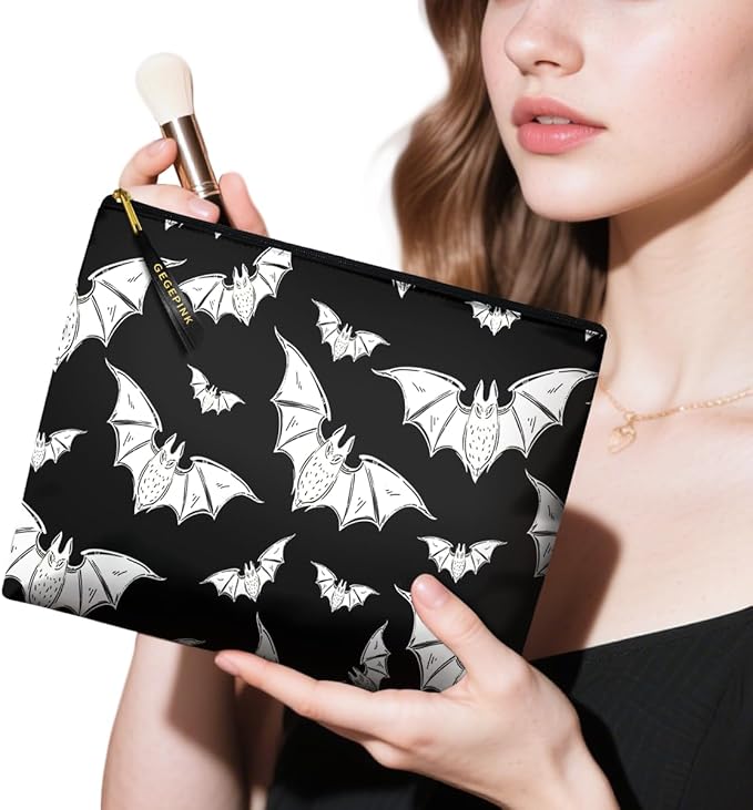 GEGEPINK Cute Makeup Bag for Purse Waterproof Cosmetic Bags for Women Funny Smooth Zipper Travel Toiletry Pouch 10X8 Inches-Halloween Bat Makeup pouch