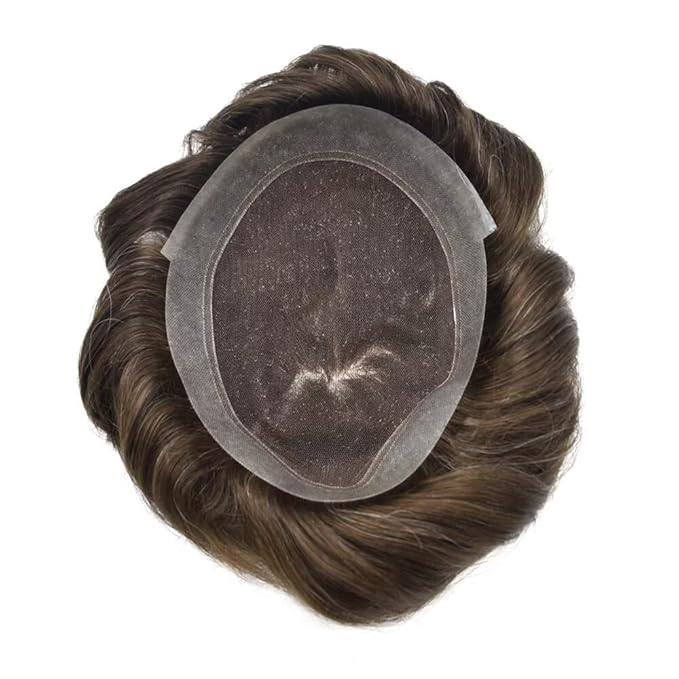 FACE MIRACLE Toupee for Men French Lace Hairpiece Human Hair Replacement System Skin PU Mens Toupee Hair Wigs for Man V-Looped Front Hair Prosthesis 6"X8" #310 Dark Brown with 10% Gray