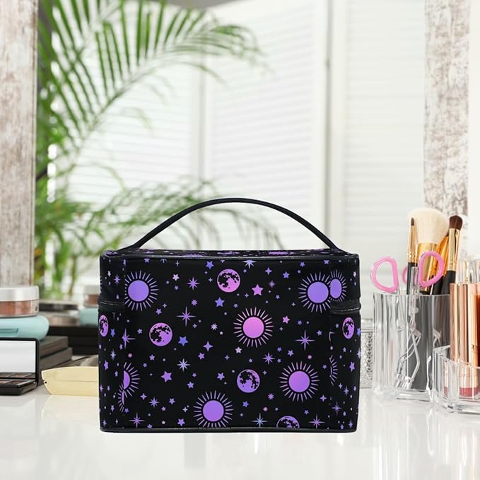 MNSRUU Makeup Bags, Moon Sun Stars Makeup Organizer Bags Toiletry Bag Box Travel Cosmetic Bag Make Up Train Case for Women Teen Girl Ladies
