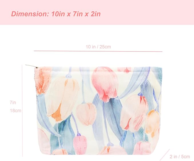 Flat Makeup Bag for Women,Zipper Cosmetic Pouch for Purse,Tulips Pink