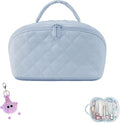 Hbviret Makeup Bag for Woman, 180° Lay Flat Wide Open Makeup Bags, Large Fold out Washable Cosmetic Case, Quilted Puffy Toiletry Bags for Toiletries (Blue)