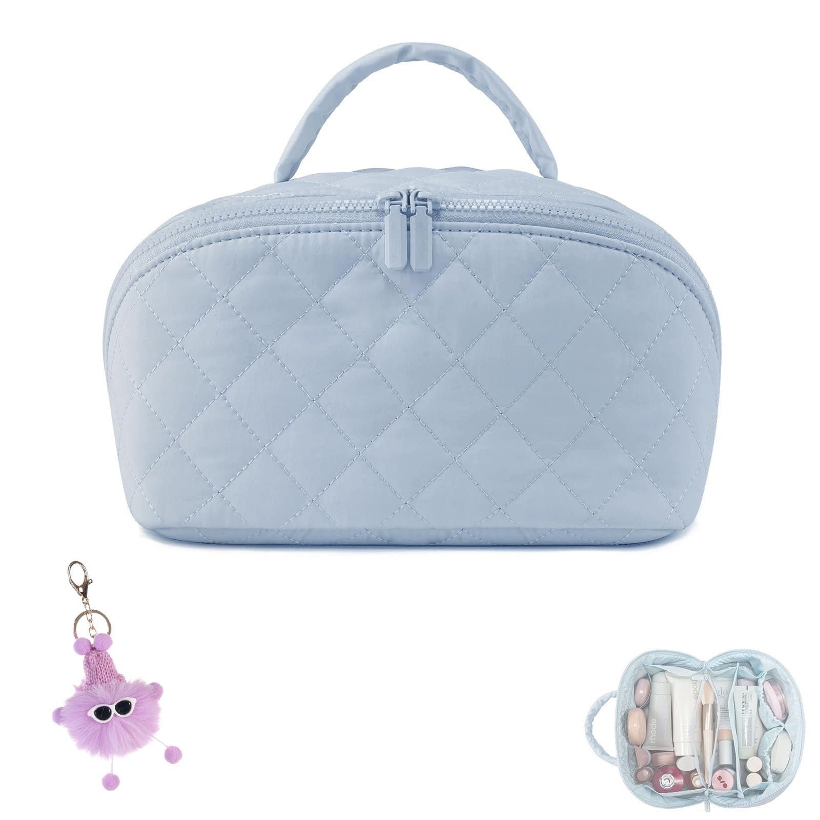 Hbviret Makeup Bag for Woman, 180° Lay Flat Wide Open Makeup Bags, Large Fold out Washable Cosmetic Case, Quilted Puffy Toiletry Bags for Toiletries (Blue)