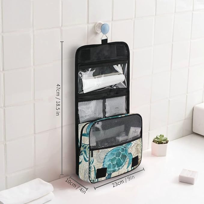 senya Hanging Travel Toiletry Bag Kit Makeup Case Cosmetics Organizer for Men Women (Sea Lives Turtle Coral)