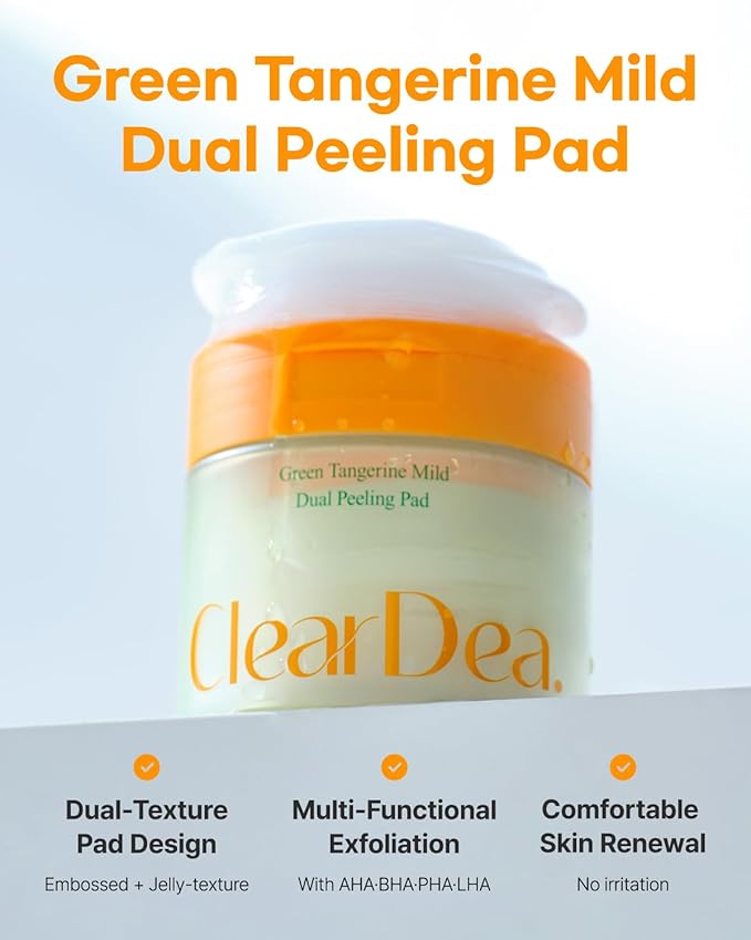 ClearDea Green Tangerine Dual Peeling Pad – Korean Exfoliating Toner Pads with 4HA Complex, Jeju Citrus Vinegar, Oil Control, Dual-Sided Texture, Hydrating & Smoothing, 50 Pads