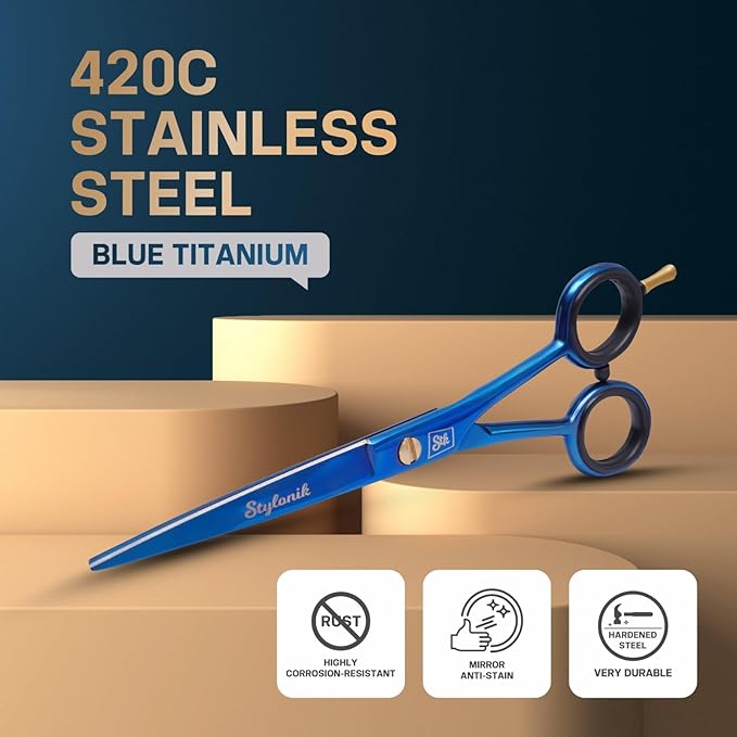 Stylonik Hair Cutting Scissors-Professional Hairdressing Scissors for Women,Men,Hair Stylists,Salon,Barber- 6.5-Inch Stainless Steel Hair Scissors with Finger Rest (Classic Scissor Blue Titanium)