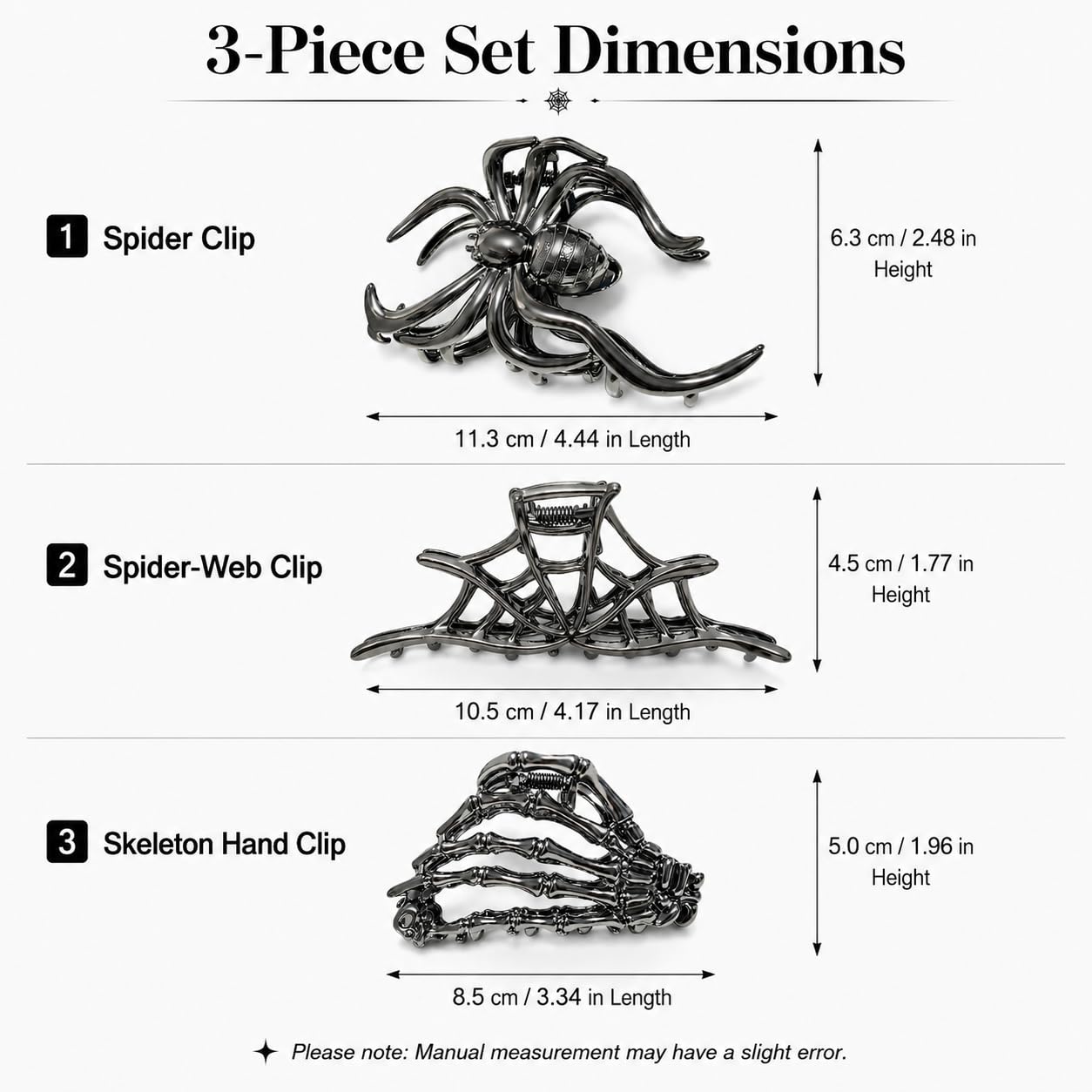 Parcce 3 Pieces Large Metal Spider Net Hand Hair Claw Clips for Women and Girls Thick Long Hair, Nonslip Skeleton Spooky Barrette Headband Hair Styling Accessories for Halloween