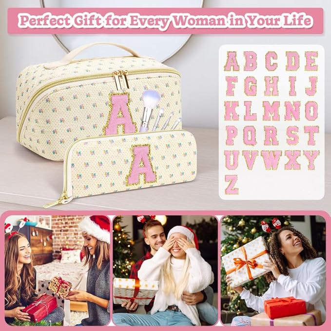 Personalized Travel Makeup Bag Set,Initial Travel Cute Floral Makeup Organizer Bag,Toiletry Skincare Cosmetic Bag,Christmas Gifts for Women/Girls,Open Flat Toiletry Pouch with Brush Pocket-V