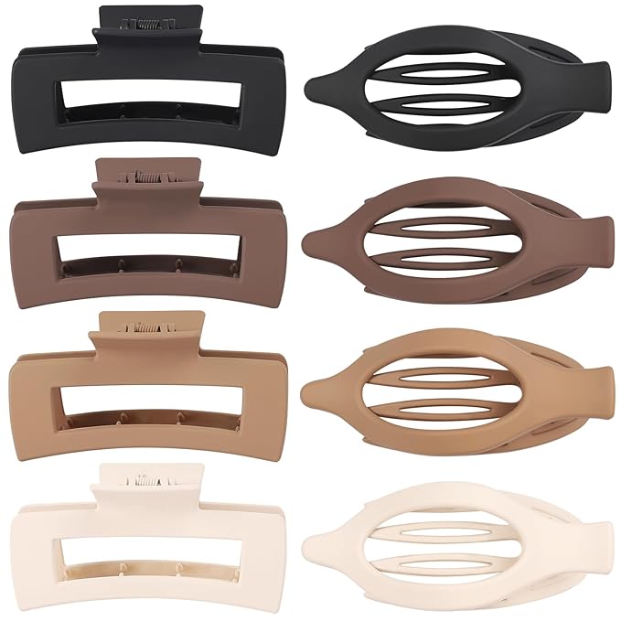 CHANDAT Hair Clips for Women 4.3 Inch Large Hair Claw Clips 8 pcs Square Claw Clips & Flat Hair Clips for Thick or Thin Hair French Concord Hair Barrettes Alligator Hair Accessories for Women (Brown)