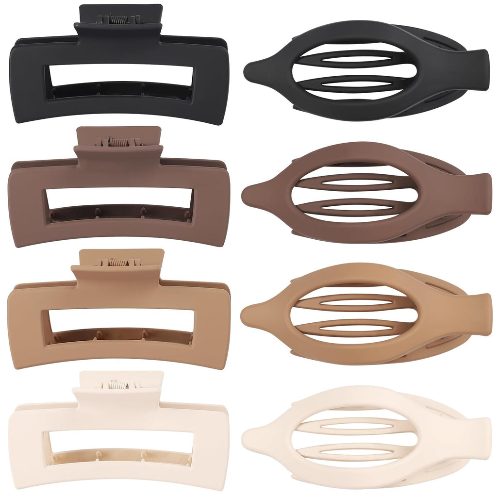 CHANDAT Hair Clips for Women 4.3 Inch Large Hair Claw Clips 8 pcs Square Claw Clips & Flat Hair Clips for Thick or Thin Hair French Concord Hair Barrettes Alligator Hair Accessories for Women (Brown)