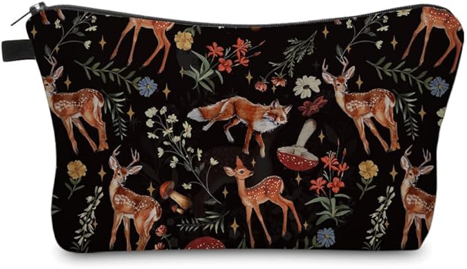 Loomifang Small Makeup Bag Cosmetic Bag for Women, Pretty Design Organizer Case with Zipper Closure, Lightweight and Water-Resistant Make Up Bag - 8.65"x 5.35" x 7.08"（Sika Deer & Fox）
