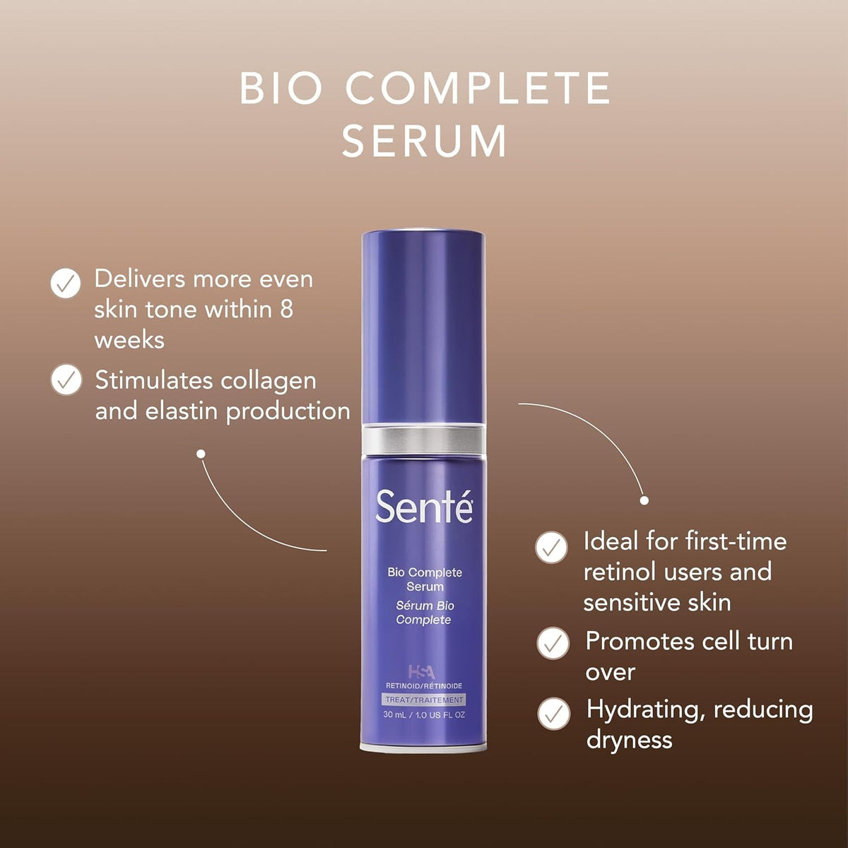 Senté Bio Complete Serum | Retinoid Serum for Sensitive Skin | Gentle, Nourishing & Hydrating | Combats Dull and Aging Skin | 1.0 Fl Oz