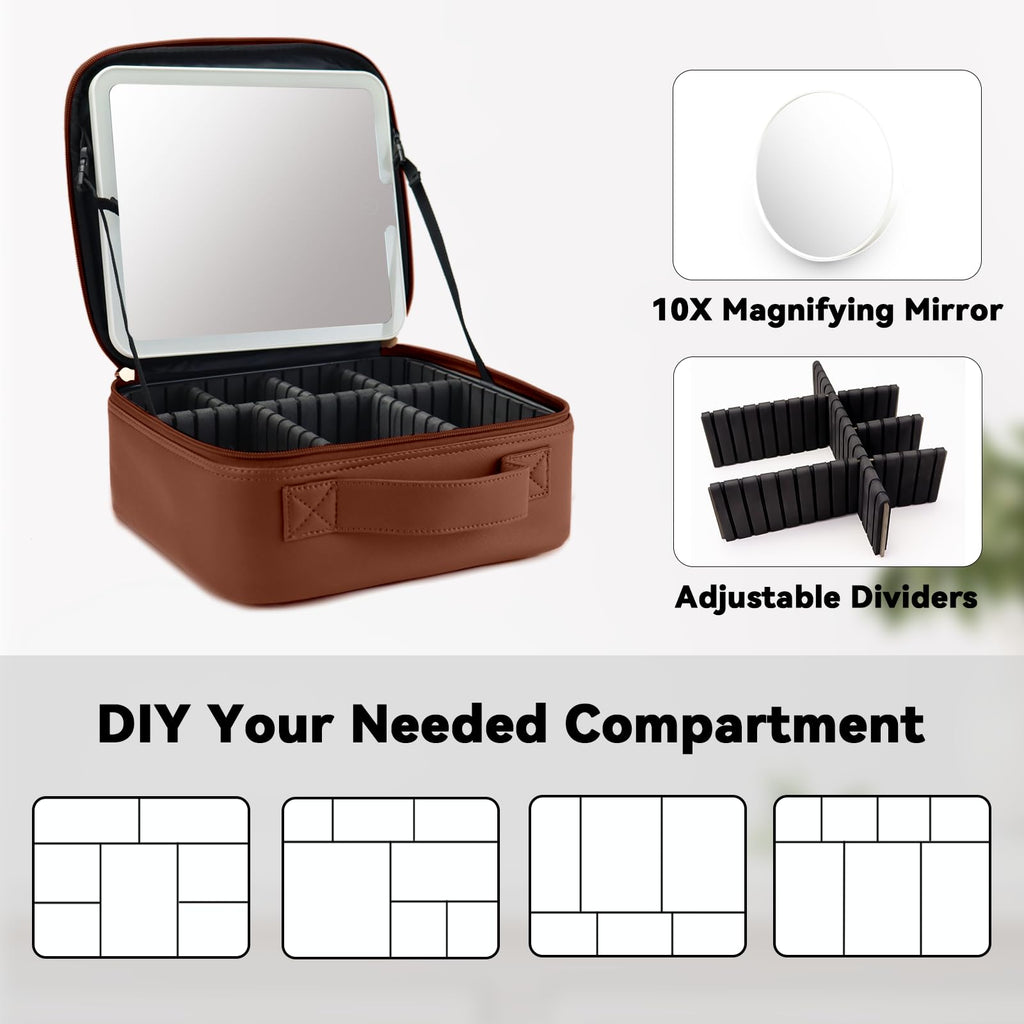 SLUMAZI Travel Makeup Bag with LED Mirror and 10x magnifying glass with 3 Lighted Settings, Adjustable Dividers and Makeup Brush Storage Bag Dark Brown