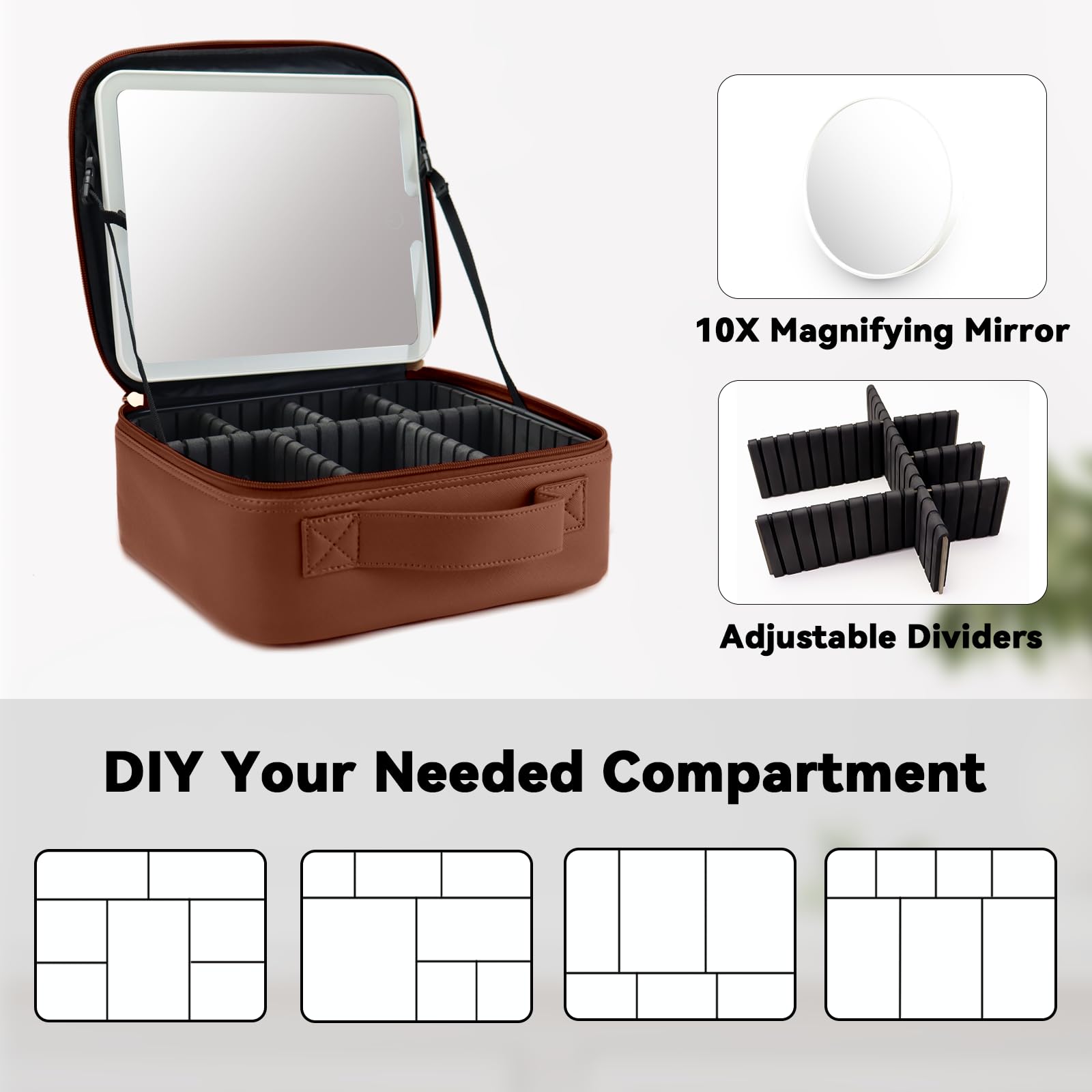 SLUMAZI Travel Makeup Bag with LED Mirror and 10x magnifying glass with 3 Lighted Settings, Adjustable Dividers and Makeup Brush Storage Bag Dark Brown