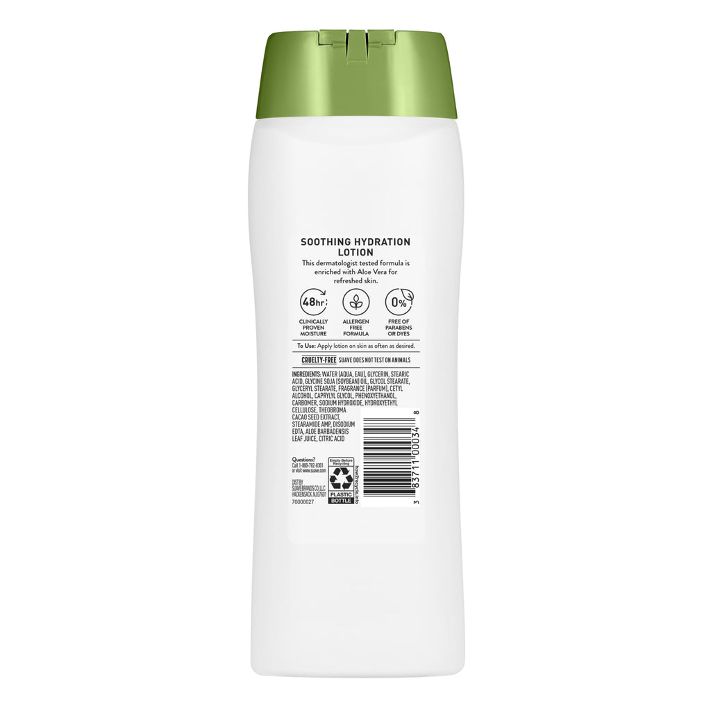 Suave Soothing Hydration Hand & Body Lotion With Aloe Vera Refreshes Dry Skin, Fast Absorbing, Intensive Moisturizing Cream For Women, Non Greasy, Allergen Free, 18 FL OZ, 6 Pack