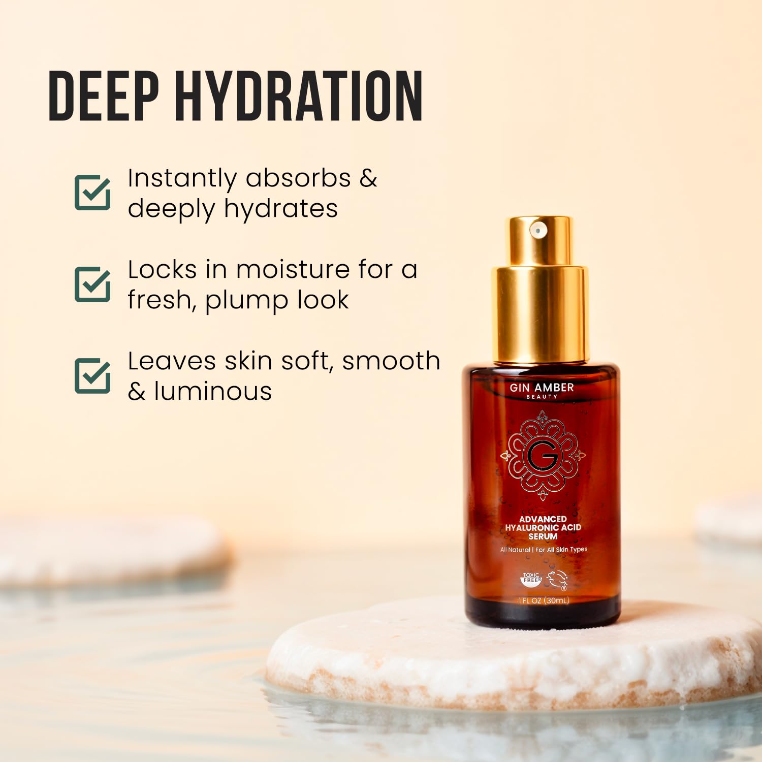 Gin Amber Beauty Hyaluronic Acid Serum - Hydrating Facial Serum, 1 fl oz