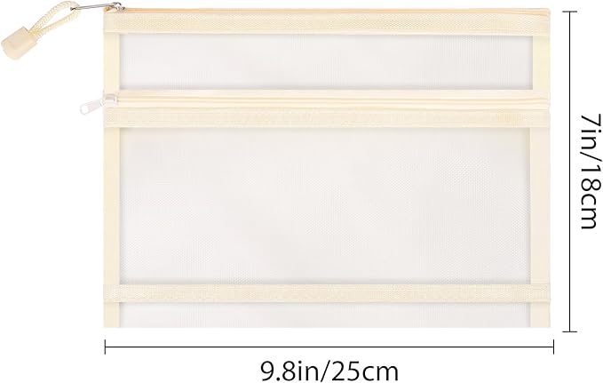 Sinzip 12 Pieces Zipper Nylon Mesh Pouch, Mesh Cosmetic Bags Makeup Bags Pencil Case, Multipurpose Travel Bags for Cosmetic School Office Supplies and Travel Accessories (2 Layers-Beige, A5)