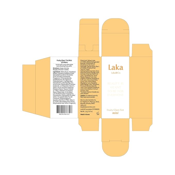 Laka Fruity Glam Tint | Glowing Korean Lip Tint with Hydrating Lightweight Texture | Buildable Color, Non-Sticky High Shine Gloss | K-Beauty Korean Makeup | #124 Maro, 0.15oz