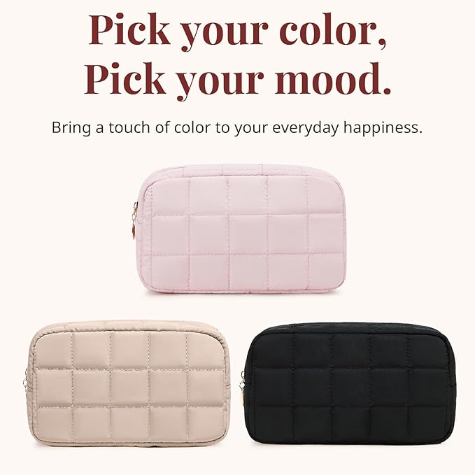 LOVELYWIND Makeup Bag, Quilted Puffy Travel Toiletry Bag with Compartments, Wide-Open Cosmetic Bag for Women, Pouch Purse Organizer, Pink